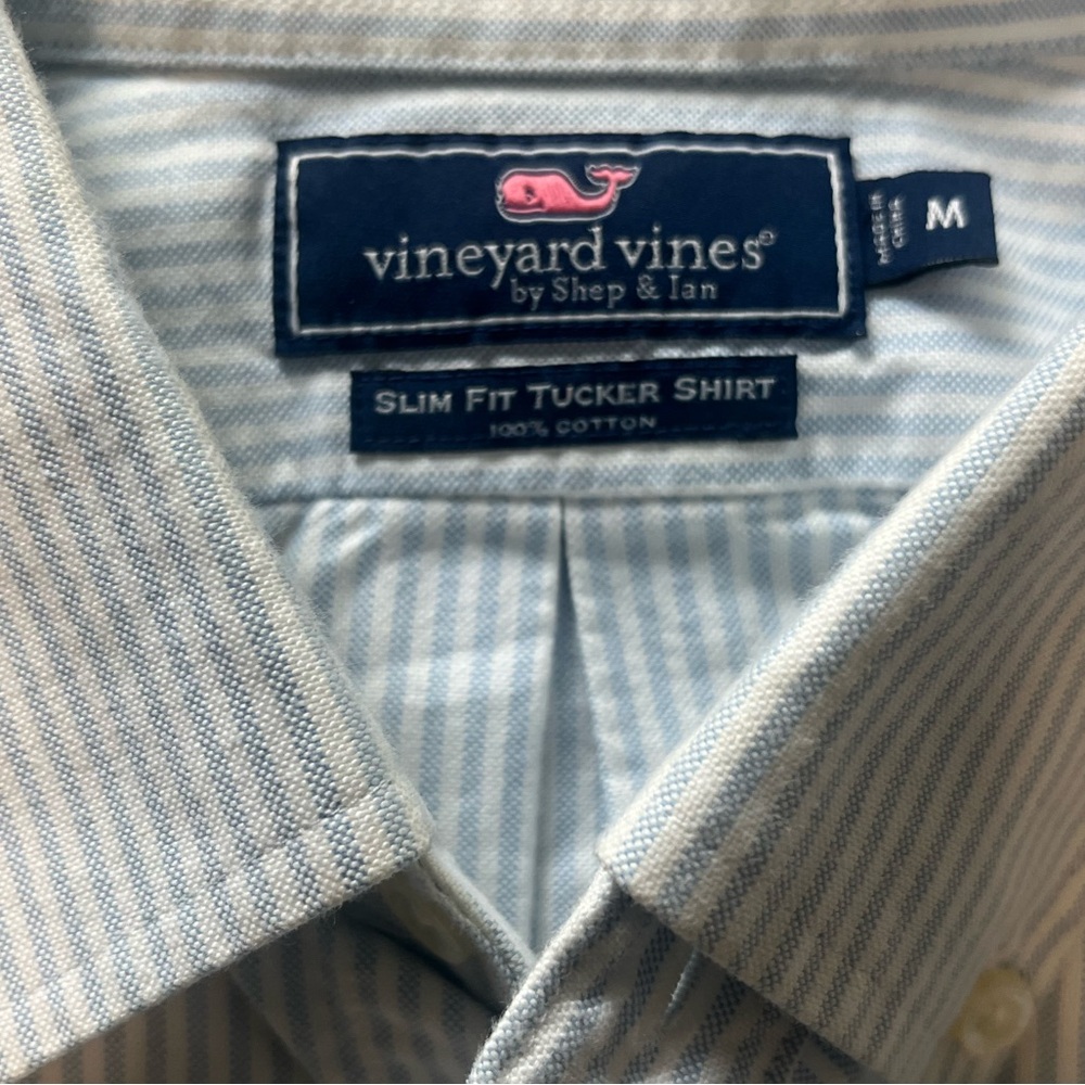 Vineyard Vines Slim Fit Ticker Jake Light Blue Striped Button Down Shirt Sz M